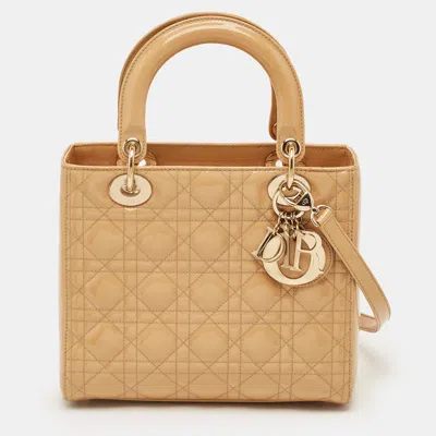 Pre-owned Dior Medium Beige Cannage Patent Leather Tote In Sand