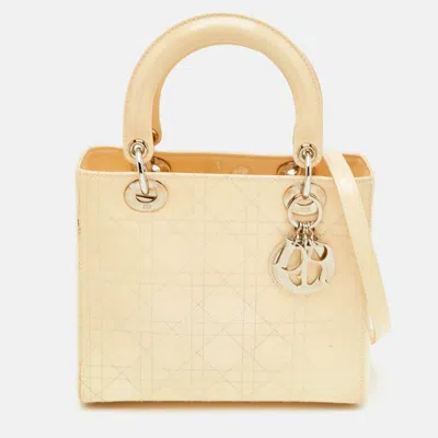 Pre-owned Dior Medium Cream Cannage Patent Leather Tote In White