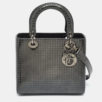 Pre-owned Dior Medium Grey Microcannage Patent Leather Tote In Gray