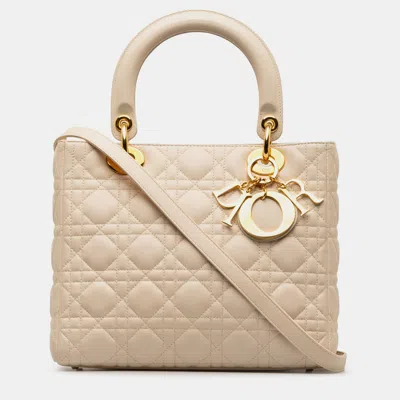 Pre-owned Dior Medium Lambskin Cannage Lady In White