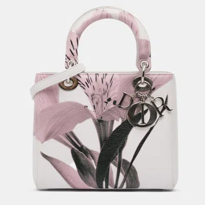 Pre-owned Dior Medium Multicolor Floral Print Deerskin Leather Top Handle Bag In White
