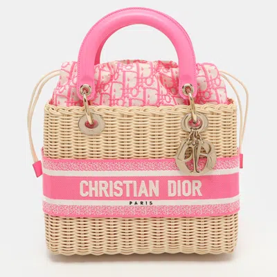 Pre-owned Dior Medium Pink/natural Wicker And Embroidered Canvas Tote