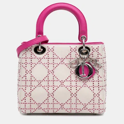 Pre-owned Dior Medium Pink/white Lambskin Cannage Stitched Tote Bag