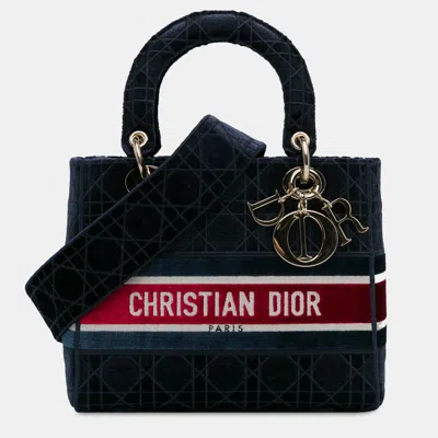 Pre-owned Dior Medium Velvet Cannage Lady D-lite Bag In Blue