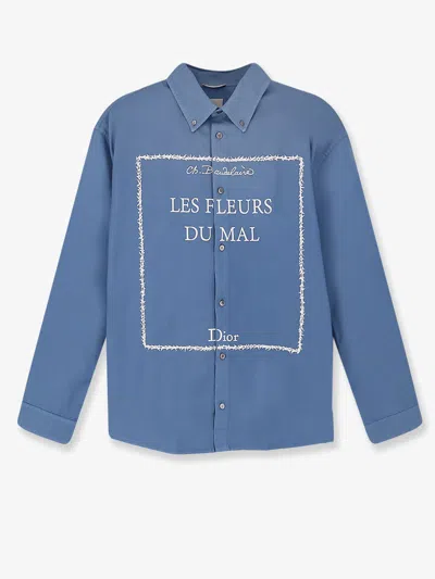 Dior Men Cotton Shirt With Book Cover Embroidery In Blue