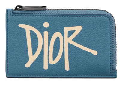 Pre-owned Dior Men's  And Shawn Zipped Card Holder (3 Card Slot) In Blue