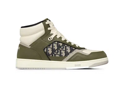 Pre-owned Dior Men's  B27 High And Smooth Calfskin With And Black  Oblique Jacquard Sneakers In Olive/cream
