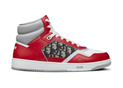 Pre-owned Dior Men's  B27 High And Smooth Calfskin With Beige And Black  Oblique Jacquard Sneakers In Red/g In Multi