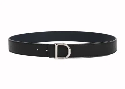 Pre-owned Dior Men's  Reversible 'my Cd' Grained Leather Belt In Black/navy Blue