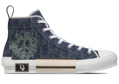 Pre-owned Dior Men's  Sneaker B23 Hightop Sneaker Blue Oblique And Peace Sign  Tears Denim Sneakers In Blue