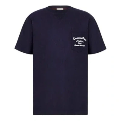 Dior Men's  Ss22 Embroidered Plain Weave Knit Short Sleeve Navy Blue T-shirt