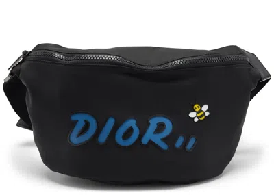 Pre-owned Dior Men's  X Kaws Belt Bag Blue Logo Nylon In Black