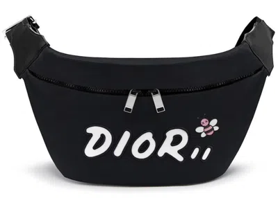 Pre-owned Dior Men's  X Kaws Belt Bag White Logo Nylon In Black