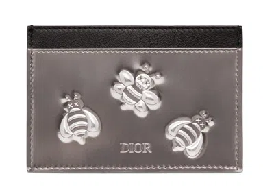 Pre-owned Dior Men's  X Kaws Card Holder Calfskin Bee Print In Silver Black
