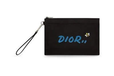 Pre-owned Dior Men's  X Kaws Pouch Blue Logo Nylon In Black