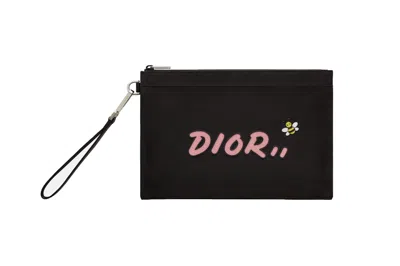 Pre-owned Dior Men's  X Kaws Pouch Pink Logo Nylon In Black