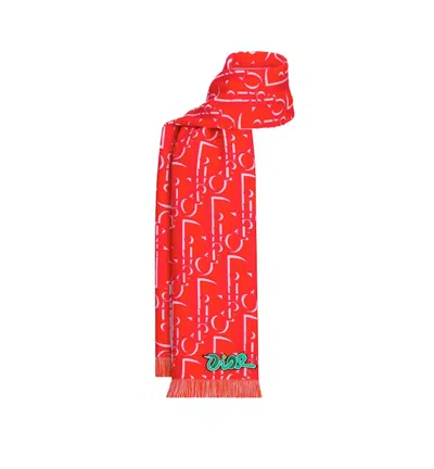 Pre-owned Dior Men's  X Kaws Scarf In Vermilion Red And White Wool