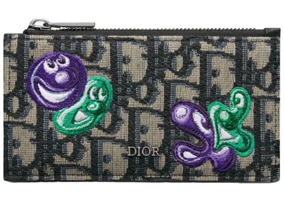 Pre-owned Dior Men's  X Kenny Scharf Zipped Card Holder In Beige/black