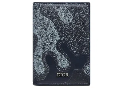Pre-owned Dior Men's  X Peter Doig Bifold Card Holder In Blue Denim Camouflage