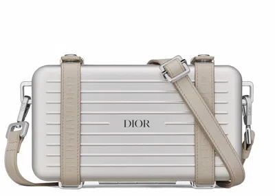 Pre-owned Dior Men's  X Rimowa Personal Clutch On Strap Aluminiumin Silver/beige