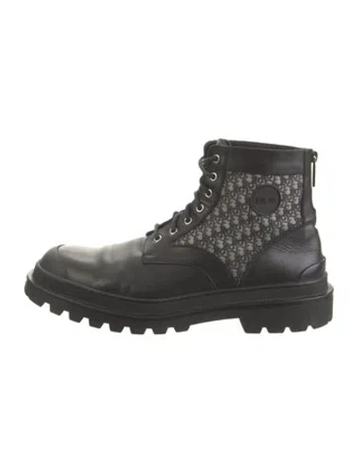 Pre-owned Dior Men Oblique Jacquard Leather Combat Boots In Black
