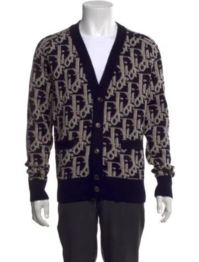 Pre-owned Dior Men Oblique Jacquard Virgin Wool Cardigan In Black