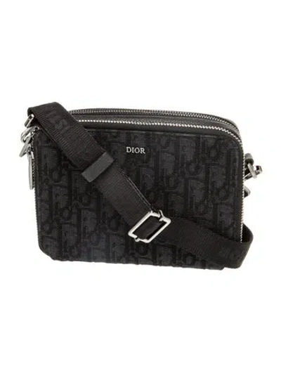 Pre-owned Dior Men Oblique Jacquard Zipped Pouch With Strap In Black