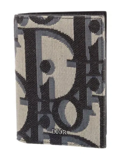 Pre-owned Dior Men Passport Cover Oblique Jacquard Bifold Wallet In Blue