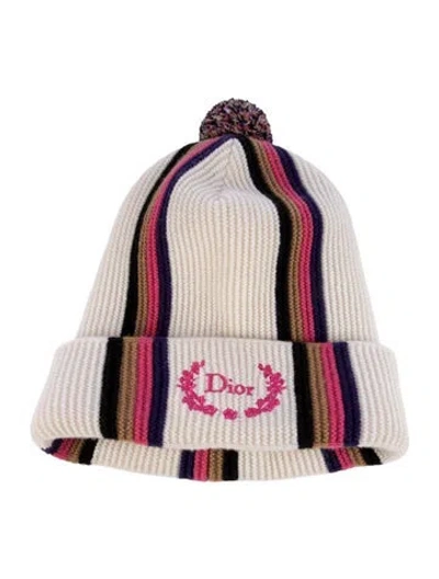 Pre-owned Dior Men Virgin Wool Neutral And Pink And Black Patterned Knit Beanie With Pom Pom
