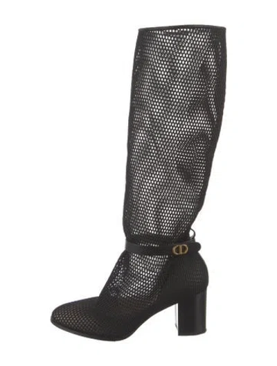 Pre-owned Dior Mesh Leather Trim Embellishment Boots In Black