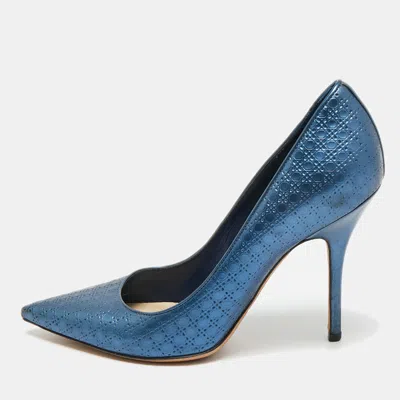 Pre-owned Dior Metallic Blue Cannage Leather Cherie Pointed Toe Pumps Size 37
