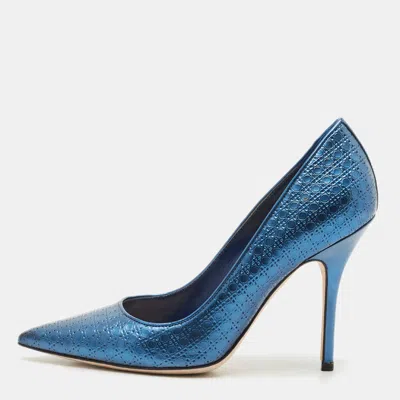 Pre-owned Dior Metallic Blue Microcannage Patent Leather Cherie Pointed Toe Pumps Size 36.5