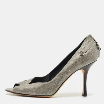 Pre-owned Dior Metallic Grey Cannage Leather Peep Toe Pumps Size 37 In Silver