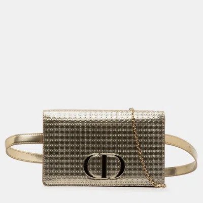 Pre-owned Dior Metallic Patent Microcannage 30 Montaigne 2-in-1 Pouch In Gold