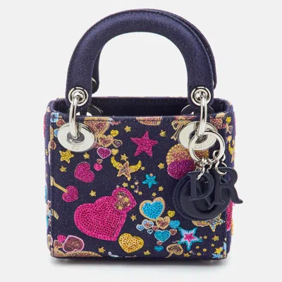 Pre-owned Dior Micro Navy Blue Fabric Heart Embroidered Tote