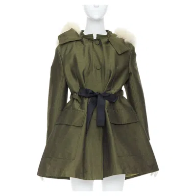 Pre-owned Dior Military Green Pocketed Cream Fur Hood Belted Anorak Coat Fr34 Xs In White