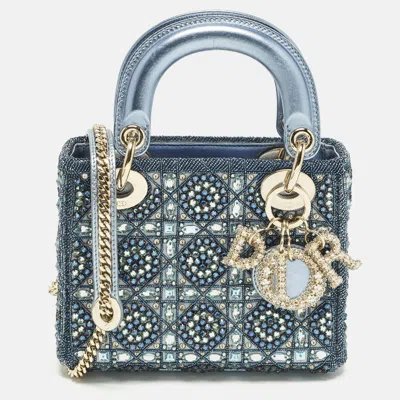 Pre-owned Dior Mini Blue Crystal Embroidered Satin And Leather Tote