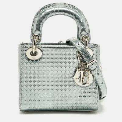 Pre-owned Dior Mini Metallic Green Microcannage Patent Leather Tote