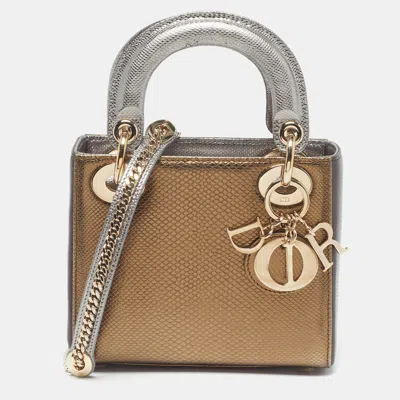 Pre-owned Dior Mini Metallic Karung Leather Tote In Silver