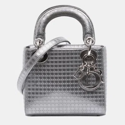 Pre-owned Dior Mini Metallic Patent Microcannage Lady  In Silver