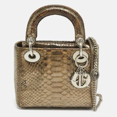 Pre-owned Dior Mini Metallic Python Tote In Silver