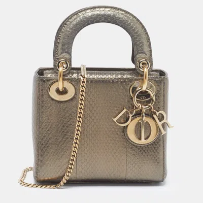 Pre-owned Dior Mini Metallic Snakeskin Tote In Silver