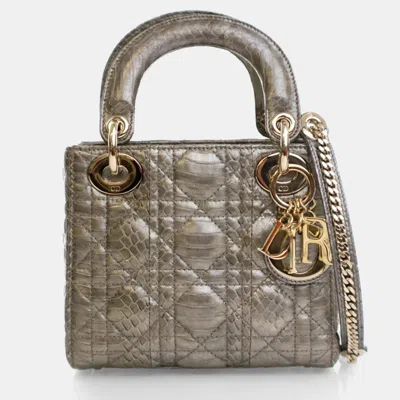 Pre-owned Dior Mini Python Metallic Leather Handbag In Gray