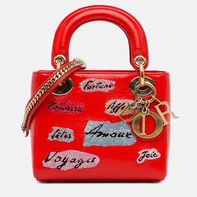 Pre-owned Dior Mini Red Calfskin Sequin Embellished Handbag