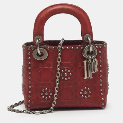 Pre-owned Dior Mini Red Embossed Cannage Leather Tote