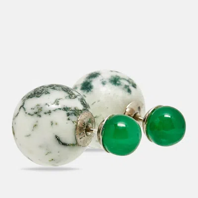 Pre-owned Dior Mise En Tribale Moss Agate Dyed Quartzite Silver Tone Earrings