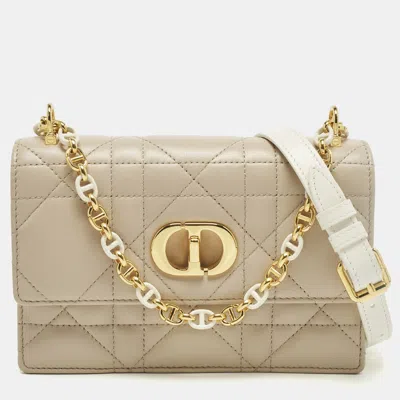 Pre-owned Dior Miss Caro Mini Beige/white Macrocannage Leather Shoulder Bag In Sand