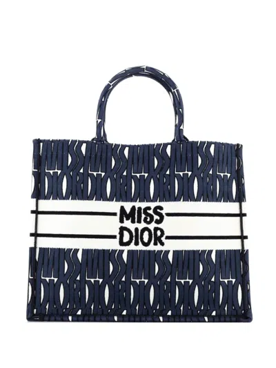Pre-owned Dior Miss  Book Embroidered Canvas Medium Tote Bag In Blue