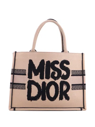 Pre-owned Dior Miss  Book Embroidered Canvas Medium Tote Bag In Neutral