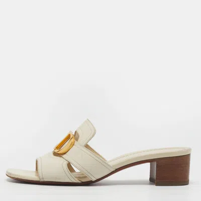 Pre-owned Dior Montaigne Size 36.5 White Leather Block Heel Slide Sandals